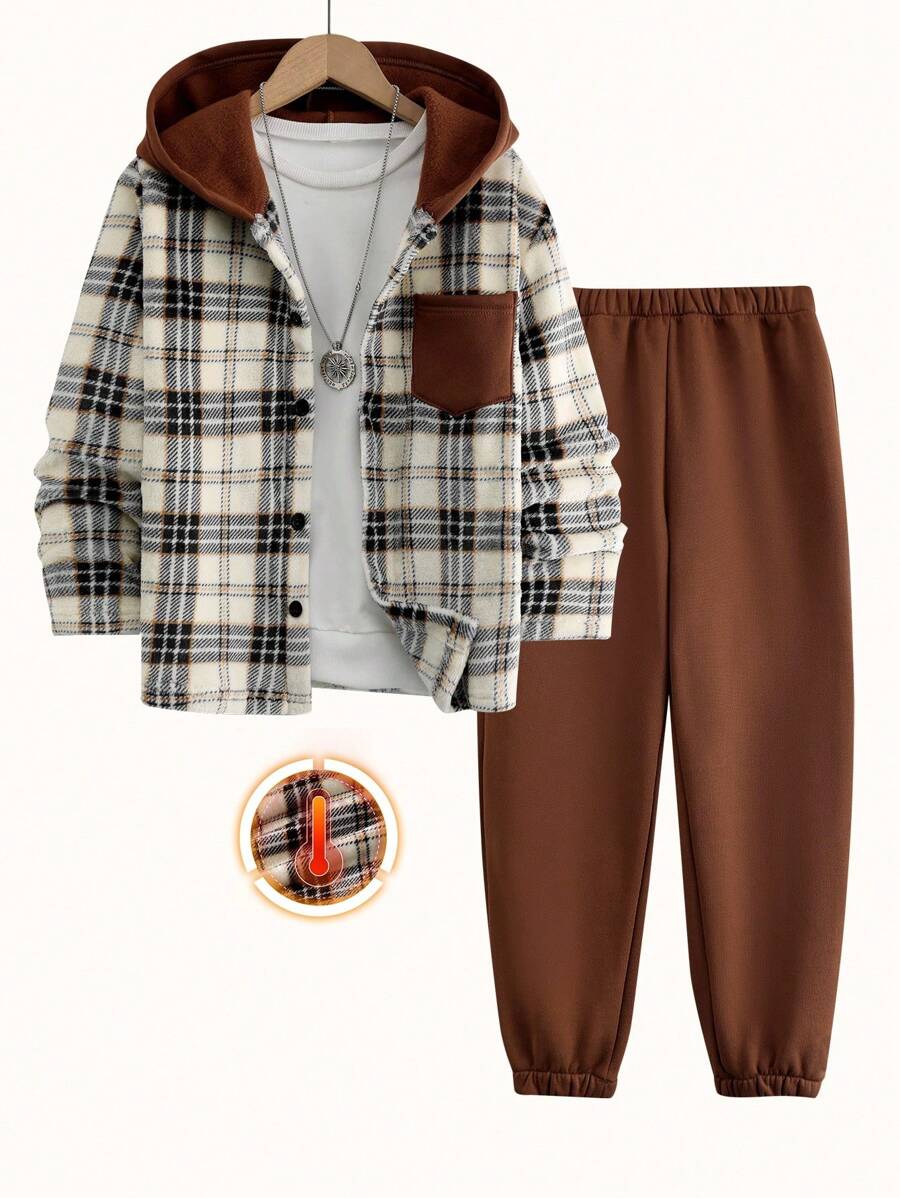 SHEIN 2 件套男童时尚格子连帽半拉链夹克和抽绳运动裤休闲装 - 彩色 - 查看 1