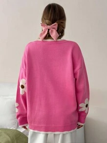 EURMUSE 可爱 V 领撞色条纹领口超大宽松舒适花卉图案纽扣开衫，适合秋冬女装 - 粉色 - 查看 3