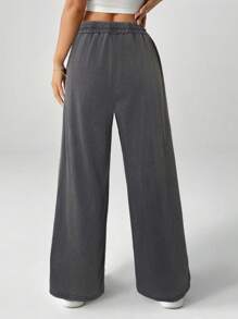 SHEIN PETITE Snow-Washed Women's Drawstring Wide Leg Sweatpants Baggy - Dark Grey - View 2