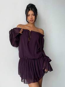 Aloruh 透明性感雪纺波西米亚露肩长袖连衣裙，秋季