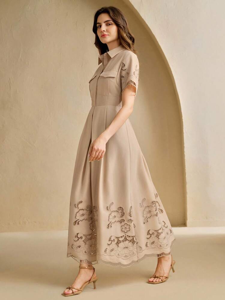 Robe-combinaison vintage décontractée à manches courtes, col cranté, avec broderie ajourée pour femmes