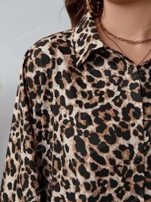SHEIN LUNE Plus Size Women Leopard Print Lapel Long Sleeve Blouse, Fall/Winter Tops Button Up Shirt Business Casual Woman Work Thanksgiving Holiday - Multicolor - View 4