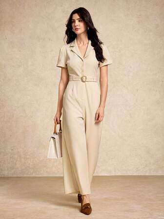 House of One 纯色梭织领口纽扣前短袖阔腿连体裤，配同色腰带，女式秋季连体裤，女式工作连体裤，女式正式连体裤