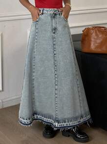 DAZY Falda vaquera de línea A de verano para mujer - Lavado ligero - Ver 4