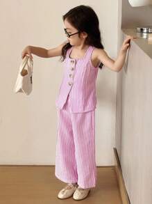 SHEIN 年轻女孩休闲街头时尚通勤条纹方领无袖上衣和直筒裤套装学院风两件套女孩夏季服装套装年轻女孩夏季服装女孩条纹两件套，女孩条纹两件套 - 粉色 - 查看 4