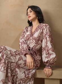 DAZY Vestido midi con estampado floral, cuello en V y cinturón para mujeres. Vestido de manga larga para verano, vestido largo tipo sundress, vestido boho para vacaciones - Caqui - Ver 6
