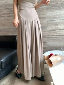 DAZY 女士纯色高领T恤和半裙两件套家居服套装 - 卡其色 - 查看 7