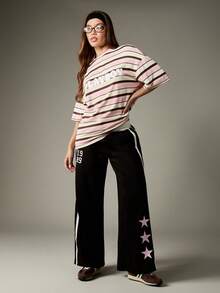 MISSGUIDED Varsity Wide Leg Track Pants Collegiate Style Joggers With Star Details Drawstring Waist Lounge Sweatpants Fall Winter Casual Comfort Streetwear - Black and White - View 3