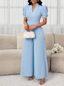 SHEIN Lady Women Elegant Solid Color Puff Sleeve V-Neck Stand Collar Slim Waist-Closing Metal Belt Vacation Commuter Wide Legs A-Style Jumpsuits Wearable In All Seasons   Wedding Guest  Old Money Style Women  Classy Outfits For Women Business Casual Outfits Women  Birthday Outfit  Going Out  Back To School Outfits Women  Jumpsuits For Woman Elegant   Back To School  Concert Outfits For Women Church Outfits Women - Baby Blue - View 6