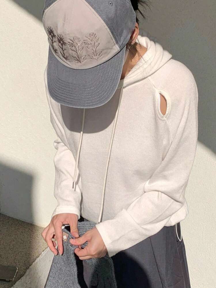 Hollow Out Hooded Off Shoulder Long Sleeve Thin Unique Design Loose Top