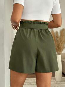 SHEIN LUNE Plus Size Women's Casual Linen-Like Elastic Waist Mid-Rise Shorts With Belt Loops And Pockets, Olive Green, Suitable For Work, Office, Vacation - Army Green - View 2
