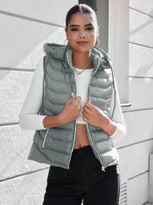 RueChic Zip Up Hooded Vest Puffer Coat - Grey - View 8