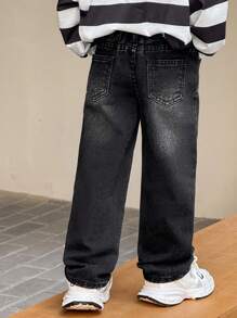 SHEIN Denim Folgados Pretos de Estilo Básico Vintage Desgastado, Cintura Elástica, Estilo Urbano Legal de Inverno para Meninos, Adequado para Traje de Inverno, Uso Diário, Volta às Aulas, Homecoming, Noite e Streetwear, Denim Casuais - Preto - Visão 2