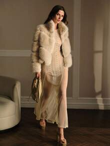 MOTF PREMIUM SOLID FASHION HIGH NECK FAUX FUR COAT - Khaki - View 2