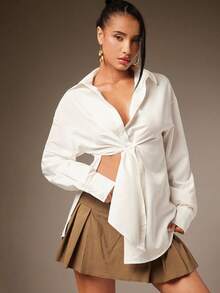 Hauture Camisa blanca larga y holgada con abertura lateral, básica y casual, fácil de usar y sexy - Albaricoque - Ver 3