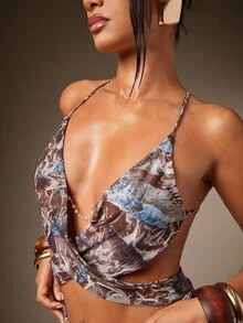 Hauture 女士性感蓝棕色印花迷彩超长腰带石链装饰外出上衣 - 彩色 - 查看 5