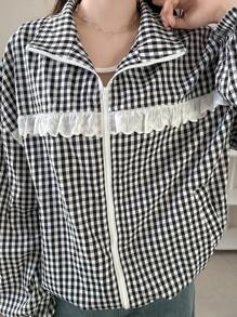 FRIFUL Jaqueta Casual Feminina de Viagem com Babado Xadrez