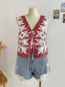 Soleia Áo ba lỗ in họa tiết đồ họa buộc dây phía trước cho kỳ nghỉ thường ngày cỡ lớn dành cho nữ - Nhiều màu - Xem 1