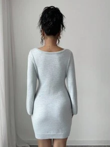 Elenzga Elegant Bow Sequin Decor Fitted Knit Dress Fall Winter Cloth For Women - Grey - View 2