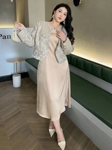 Dazy Plus 2pcs Plus Size Women Set: Sleeveless Bodycon Maxi Dress & Short Floral Print Cardigan