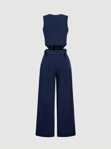 SHEIN MOD Tuta intera smanicata blu navy a vita alta con gamba ampia per donna