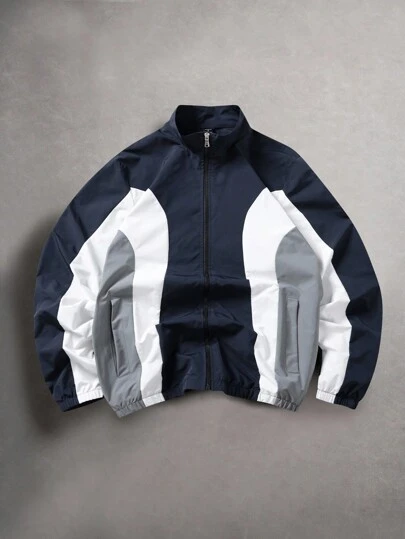 Manfinity ZONE917 男士长袖休闲撞色拼接立领夹克，秋季户外防风外套