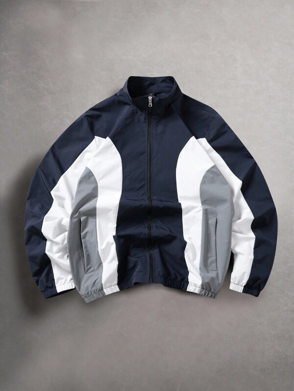 Manfinity ZONE917 Chaqueta casual de hombre con bloqueo de color y parches, cuello alto