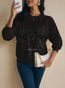 Shutterstock Glamance 女士休闲蝴蝶印花圆领运动衫，秋冬蝴蝶运动衫蝴蝶上衣女士运动衫可爱运动衫优雅 - 白色 - 查看 6