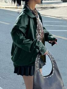 INAWLY Women's Loose Fit Long Sleeve Leather Jacket, Motorcycle Casual Style, Autumn/Winter Fall Cloth For Women - Dark Green - View 6