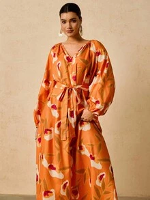 SHEIN VCAY Váy suông rộng tay đèn lồng cổ chữ V in hoa cỡ lớn, màu cam, Váy dài tay mùa thu mới Váy hoa màu cam Váy thu cho nữ Váy cam Váy maxi họa tiết hoa Váy thắt lưng màu cam - Màu Cam cháy - Xem 6