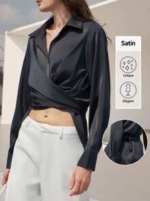 Uhlyne Áo sơ mi nữ thanh lịch, tối giản, màu xám đậm, cài cúc, có thắt lưng, thích hợp cho công sở, đi làm hàng ngày, phong cách chuyên nghiệp, nghỉ hè, du lịch, nghỉ mát, mùa xuân. - Màu xám đen - Xem 8