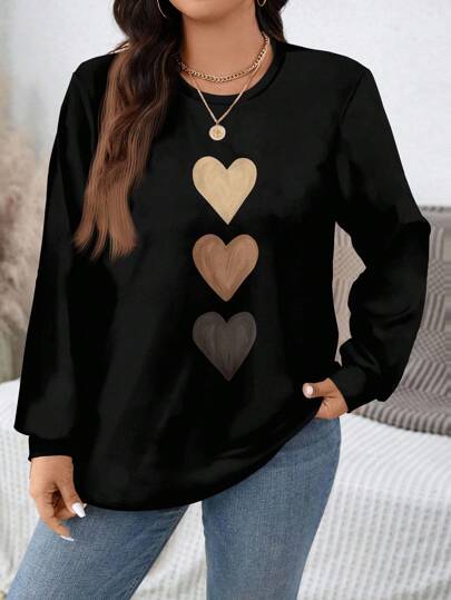 SHEIN LUNE Plus Size Casual Minimalist Heart Print Loose Fit Crew Neck Sweatshirt Fall Clothes Winter Clothes Autumn