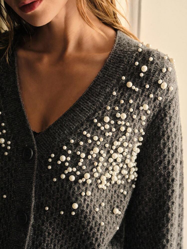 WOMEN'S FAUX PEARLS EMBELLISHED KNITTED CARDIGAN, AUTUMN/WINTER