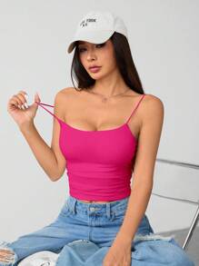 SHEIN PETITE Áo ba lỗ hở ngực bó sát cổ tròn thoáng khí cơ bản màu trắng dành cho nữ - Màu Hồng Tươi - Xem 4