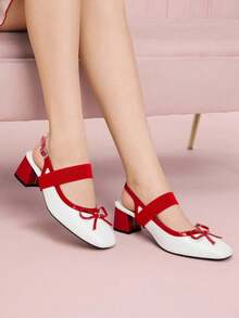 CUCCOO DOLLMOD 法式玛丽珍露背时尚优雅通勤撞色格子面料高端女士粗跟高跟鞋 - 紅白色 - 查看 5