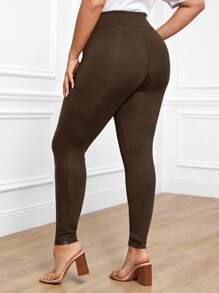 Miaspire Plus Size Women's PU Leather Splice Leggings, Fall - Brown - View 2