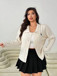 SHEIN EZwear 2026 Spring & Summer New Casual Outgoing Daily Wear Party Date Birthday Music Festival Back To School Commute Valentine's Day New Year Shirt Collar Cardigan Long Sleeve Horse Logo Embroidery Cable Knit Cardigan Knitwear Apricot Cream Color Preppy Style Plus Size Sweater