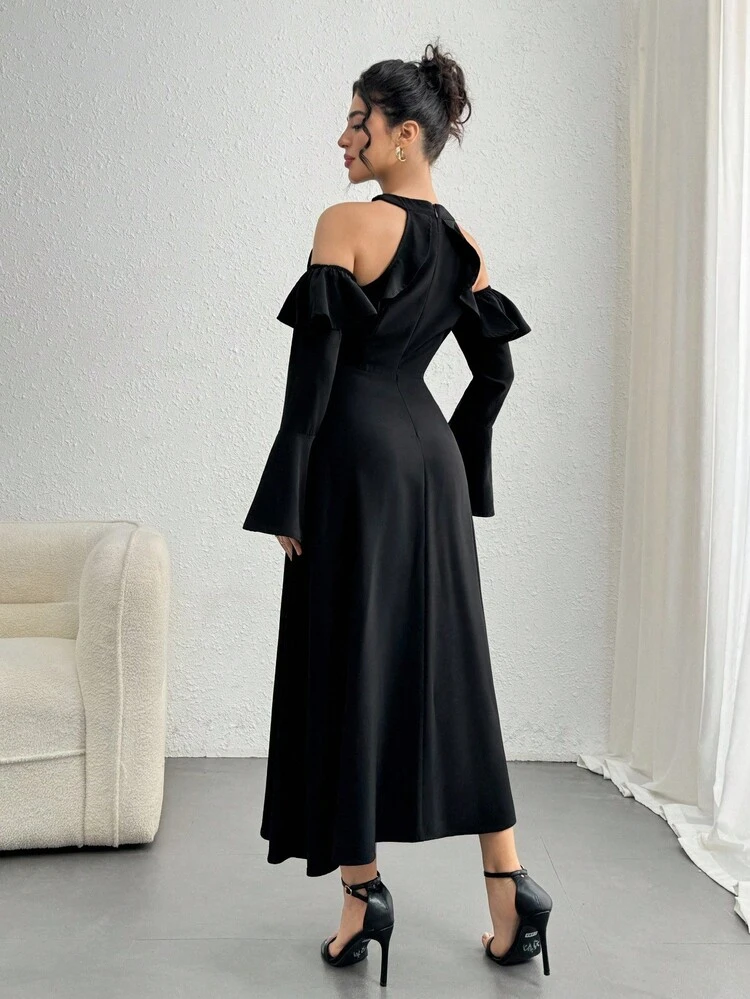 Women's Solid Color Off-Shoulder Ruffle Hem Mid-Length Dress, Autumn Long Sleeve Dress