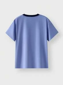 JNSQ Back To School Tween Boy Casual Street Style Graphic Print Hoodie T-Shirt, Loose Fit, Japanese Streetwear Inspired, Summer Leisure, Urban Youth Design - Blue - View 5
