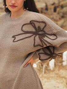 Freevana Plus Size Women Floral Embroidery Pattern Dropped Shoulder Loose Knit Sweater Dress, Casual Everyday Wear, Autumn/Winter Knit Dress Earth Tone Dress Autumn Dress Fall Clothes For Women Winter Clothes For Women Business Casual Woman Fall Clothes Plus Size Boho Rave Fairycore Office Autumn Festival Alt