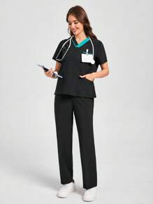 Scrubzie Bộ đồng phục quần áo và cổ áo màu tương phản, bộ đồ phẫu thuật đa năng - màu đen - Xem 3