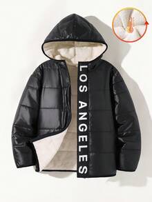 SHEIN Tween Boy Letter Print Thermal Lined Hooded Jacket, Winter Fashion Fall