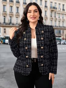SHEIN Clasi Jacke in Große Größen für Damen, elegante leichte bedruckte Tweed-Jacke mit goldfarbenen Knopfverzierungen, vielseitig einsetzbar für Lässig, Büro, Herbst Outfits für Lehrerinnen in Große Größen, Bürooutfits für Damen, Lehrerinnen-Outfits, Ausgehoutfits - Schwarz und Weiss - Übersicht 7