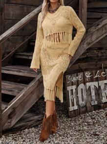LanaWest 2pcs Women Solid Color Hollow Out Fringe Bohemian Style Sweater Set Fall Winter Cloth For Women
