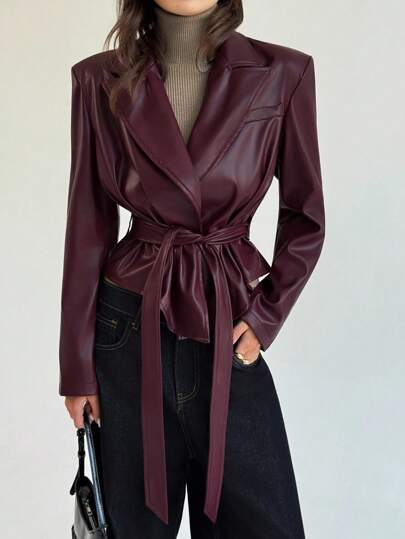 Aloruh Women's Solid Color Long Sleeve Lapel NeckPU Leather Fashion Blazer Fall Clothes Fall Clothes For Women All Outfits Women  Fall Outfits For Women Fall Outfits Autumn Clothes Women's Fall Clothes Back To School School Clothes  Back To School Clothes School Clothes Back To School Outfits Women  Homecoming  School Teacher Outfits For Women  Teacher  Teacher Outfits  Teacher Clothes Women's Jacket Chic Autumn Wine Red Blazer
