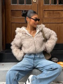 SHEIN EZwear 冬季新款女士人造毛皮连帽短款夹克 - 棕色 - 查看 5