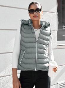 RueChic Zip Up Hooded Vest Puffer Coat - Grey - View 3