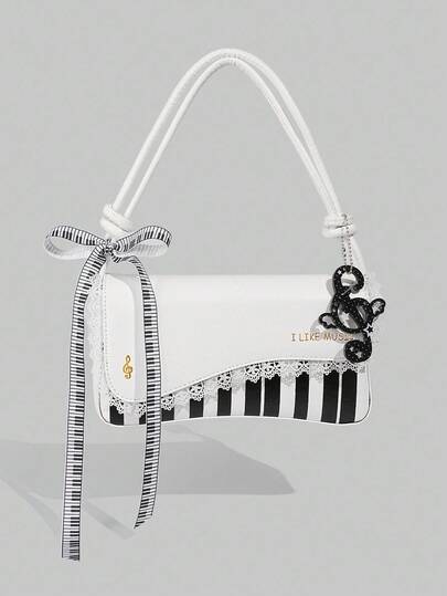 Goth 1 pezzo Borsa a spalla con motivo a tasti di pianoforte bianco e nero in stile Y2K per festival musicali, borsa a tracolla con note musicali e stelle della sottocultura, decorata con fiocco e pizzo, zaino da studente per uso quotidiano