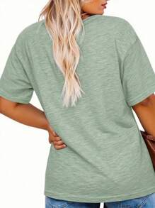 EMERY ROSE Plus Size Casual Women Los Angeles Letter Print Loose Fit Mid-Length Short Sleeve Round Neck T-Shirt - Green - View 2