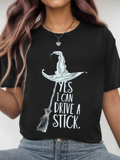 Glissea Halloween Funny Witch Broomstick 'Yes I Can Drive A Stick' Letter Design Pattern Round Neck Short Sleeve T-Shirt Casual Graphic Tees